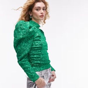 ASOS Topshop green ruched puff sleeve damask long sleeve top NWOT